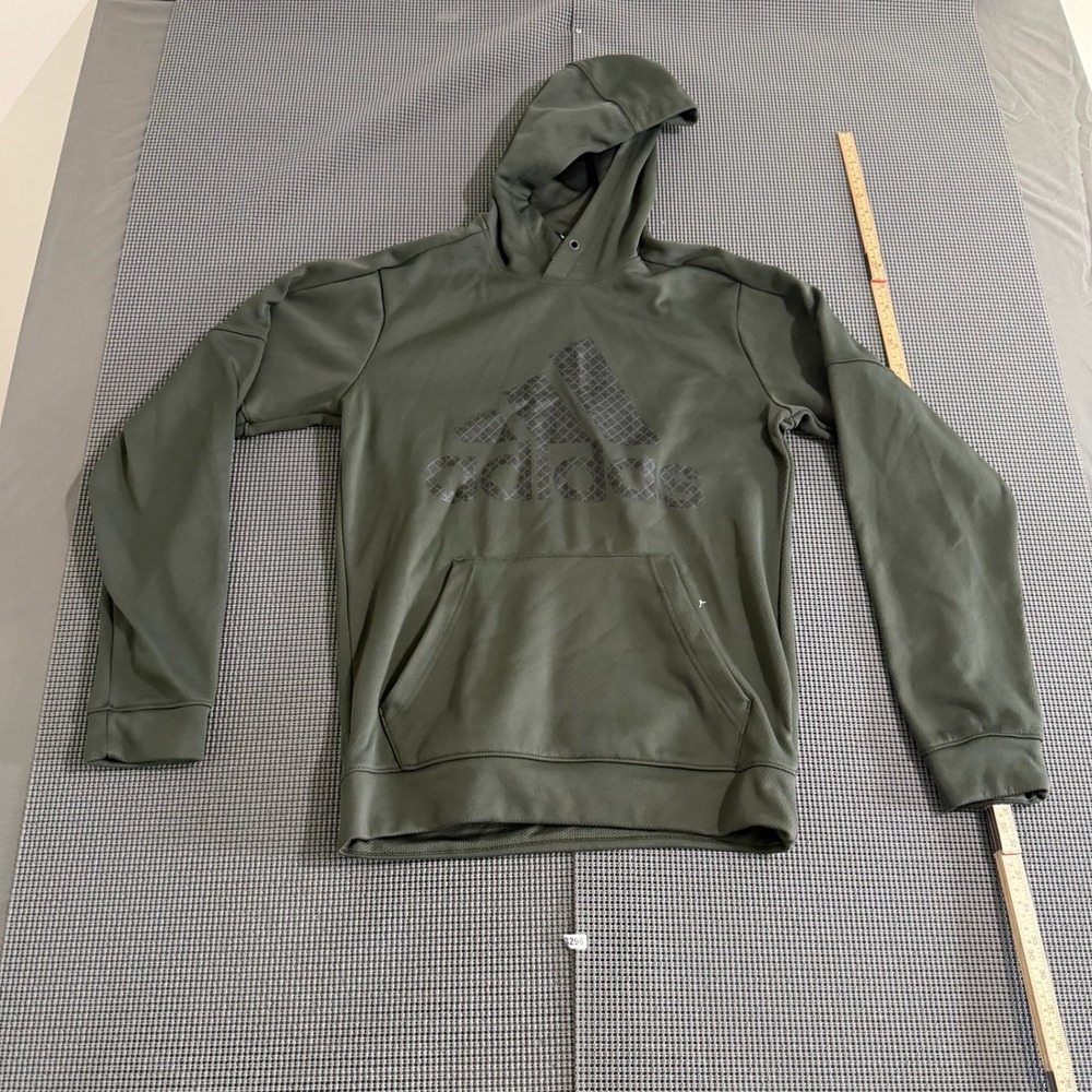 Adidas Mens Pullover Hoodie Olive Green Graphic Logo Climawarm Size Estimated S